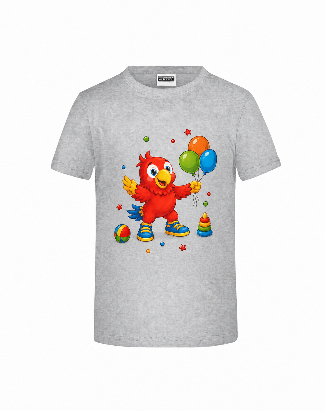Benni spielt auf grau meliertem Kinder-Shirt – kleiner Brustdruck