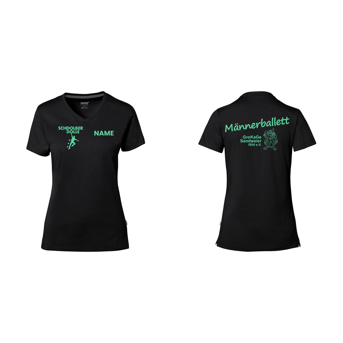 HAKRO 169 Damen V-Shirt Männerballett-Fans schwarz mit Logo links und Name rechts
