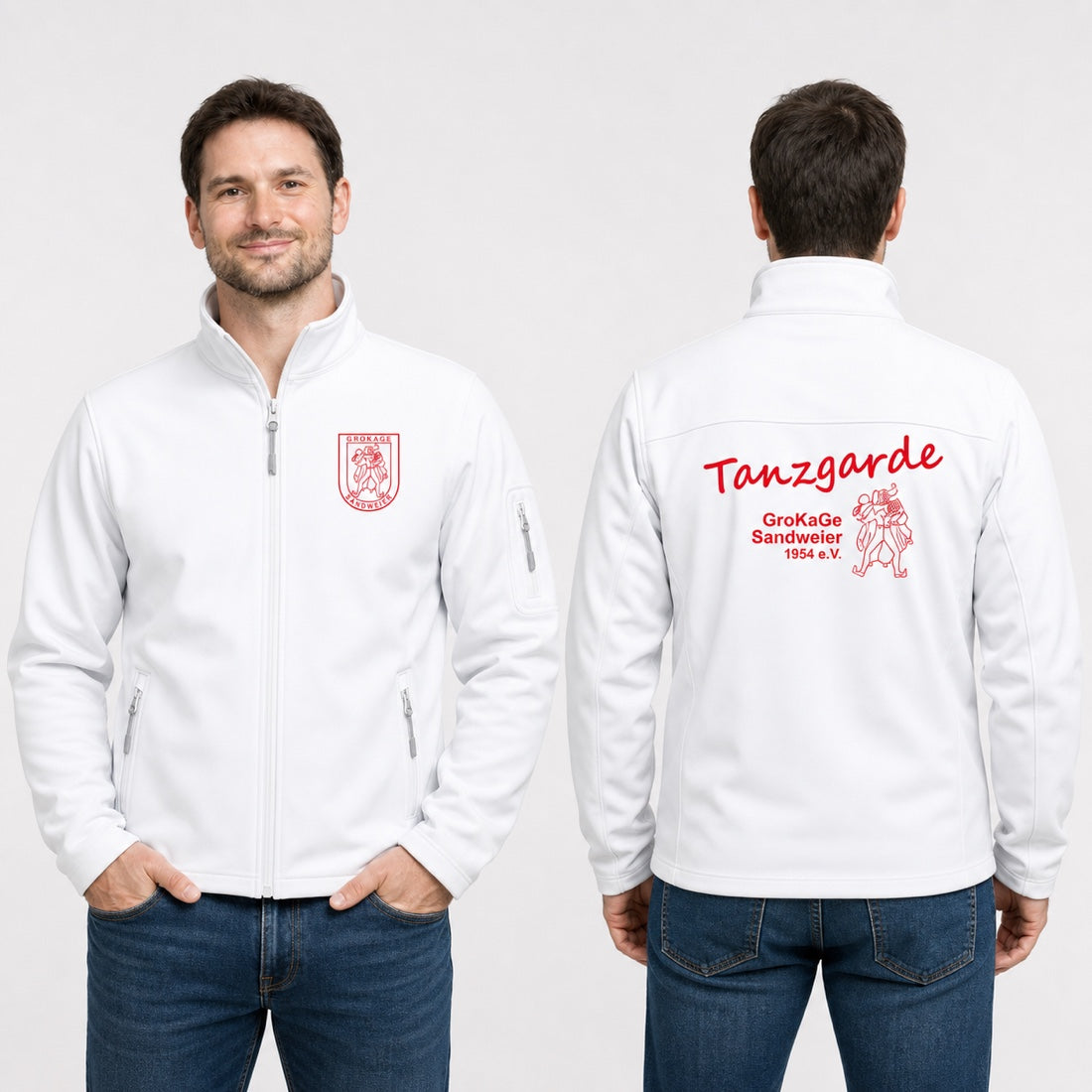 Kariban K401 Herren Softshelljacke weiß mit rotem GroKaGe-Wappen vorne und rotem Tanzgarde-Druck hinten