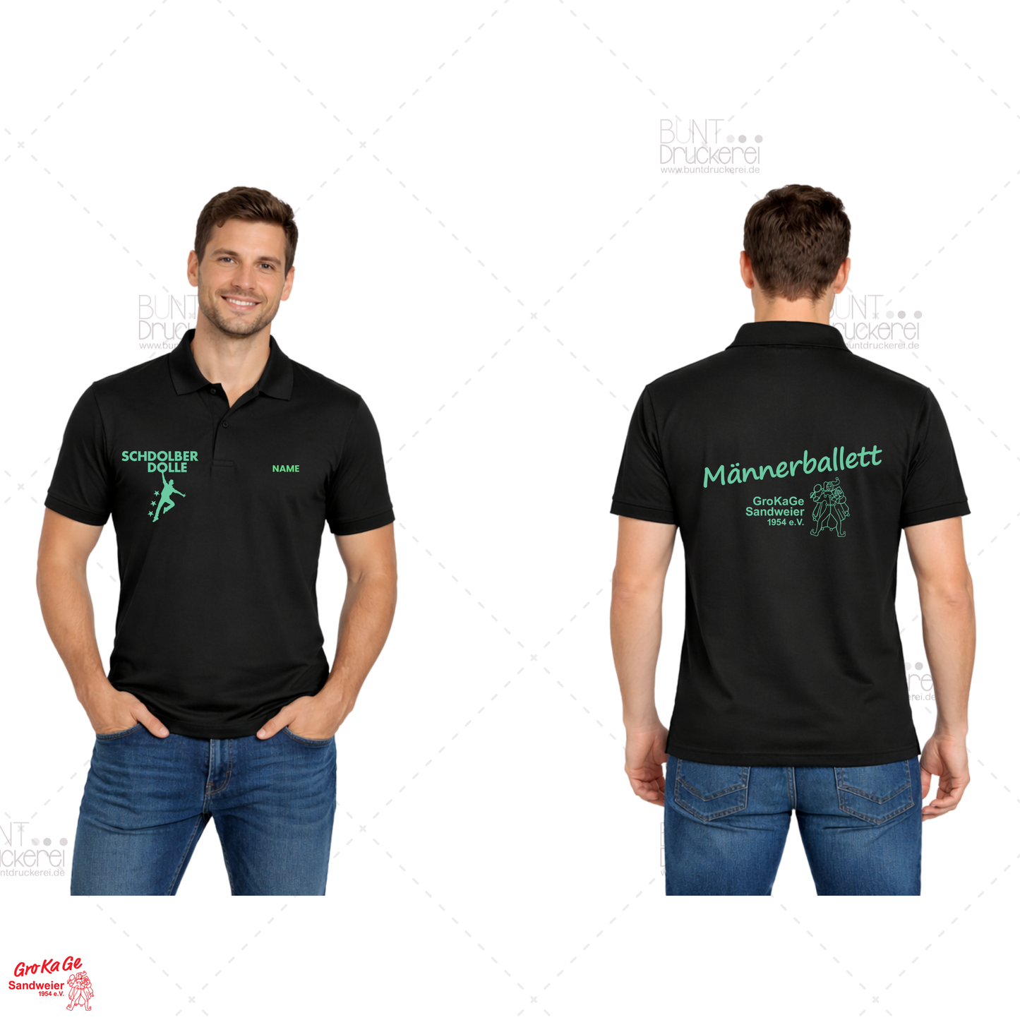 Polo Basic Männerballett Herren mit Brustmotiv, Einzelname und Rückenmotiv in leuchtendem Grün
