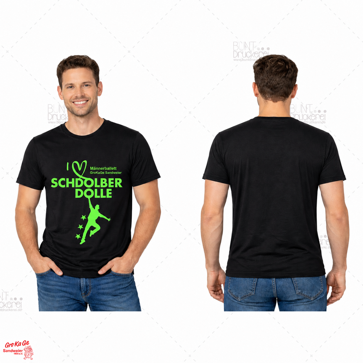 Männerballett-Fanshirt Herren mit leuchtend grünem Flexdruck – Vorder- und Rückseite