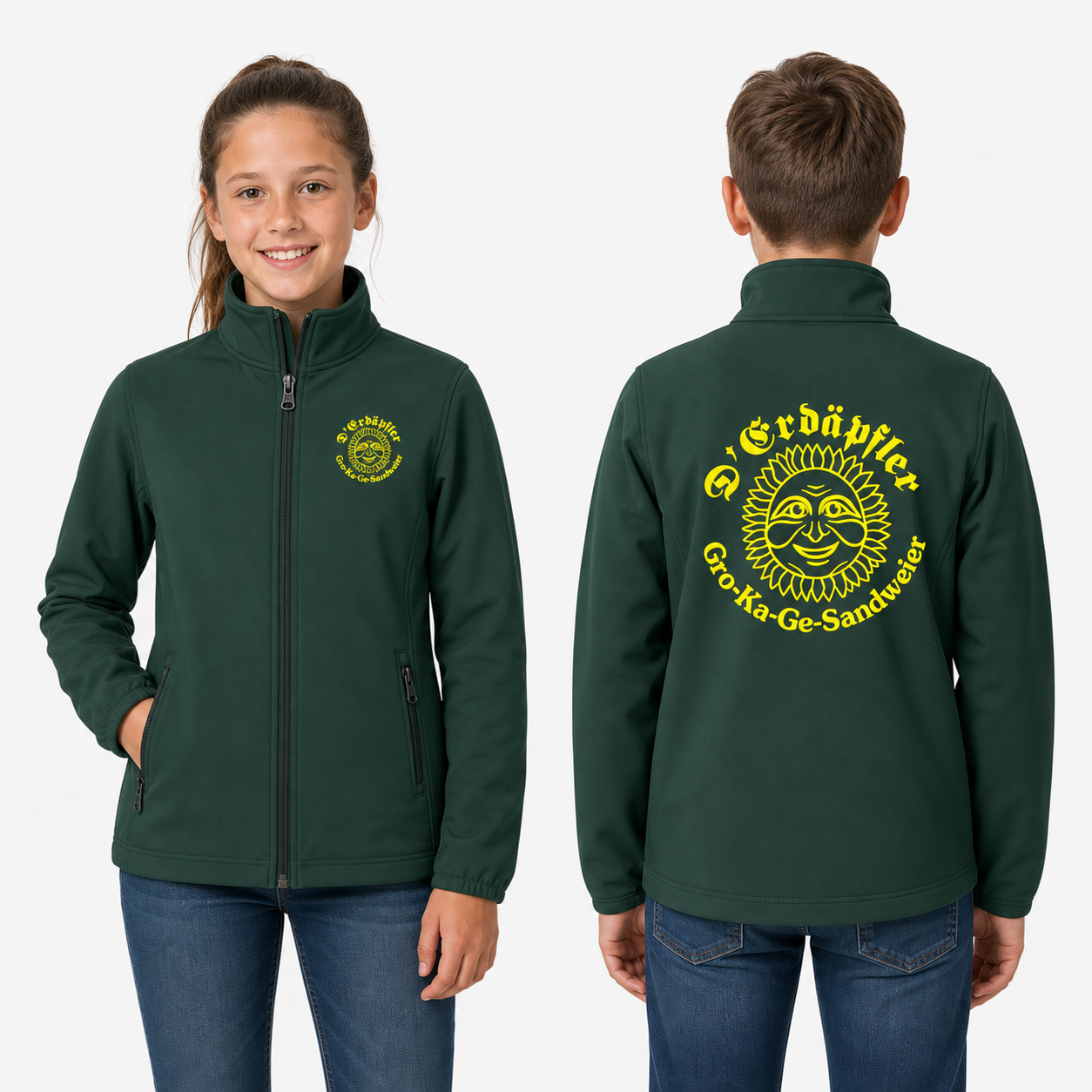 Result R121 Softshelljacke Erdäpfler Kinder Jugend Bottle tannengrün mit gelbem Brust- und Rückenlogo