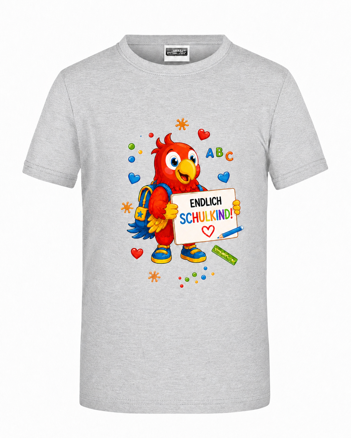 Grau meliertes Kinder-Shirt mit kleinem Aufdruck Endlich Schulkind mit Benni