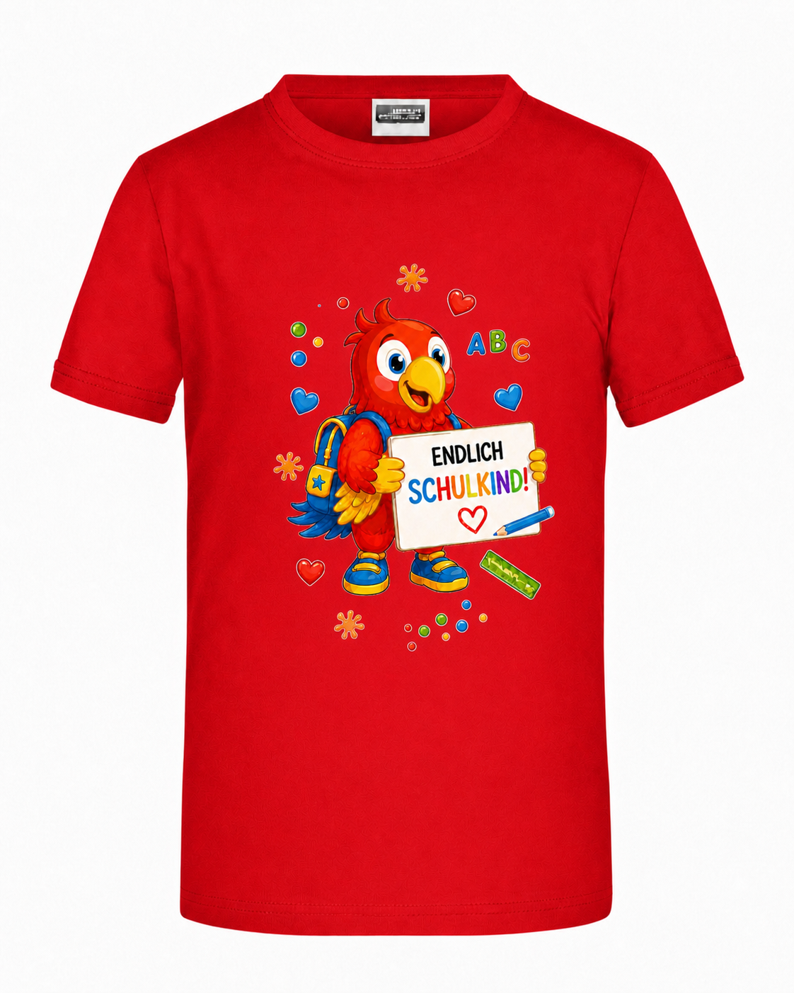 Rotes Kinder-Shirt mit kleinem Aufdruck Endlich Schulkind mit Benni