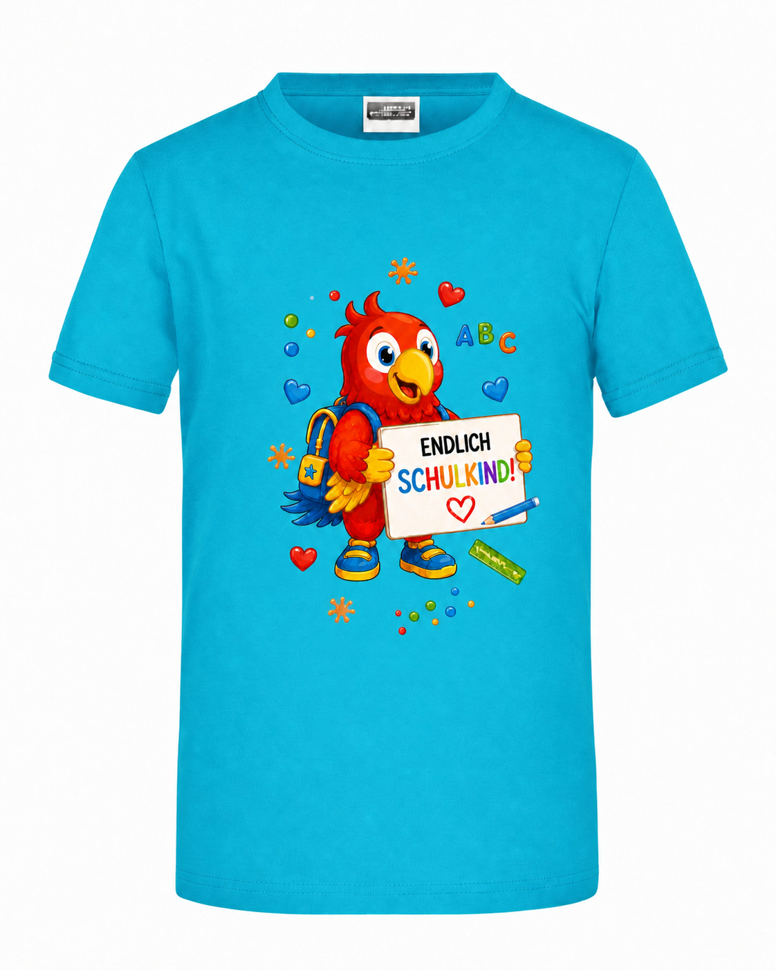 Türkises Kinder-Shirt mit kleinem Aufdruck Endlich Schulkind mit Benni