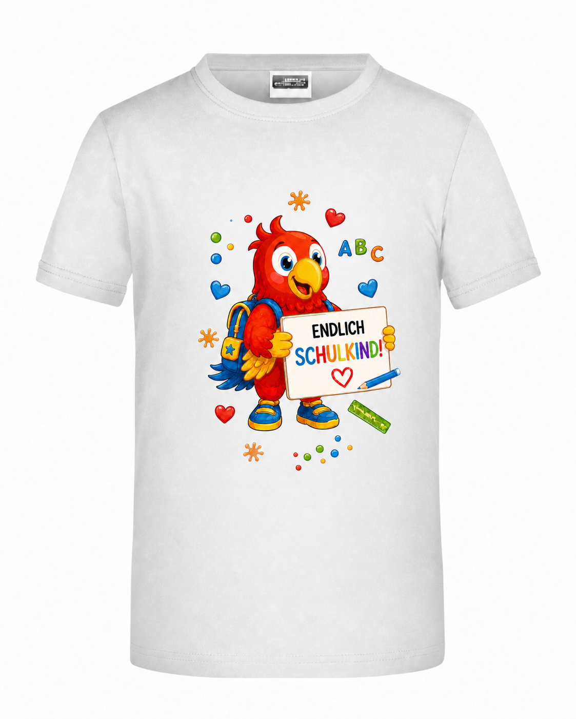 Weißes Kinder-Shirt mit kleinem Aufdruck Endlich Schulkind mit Benni