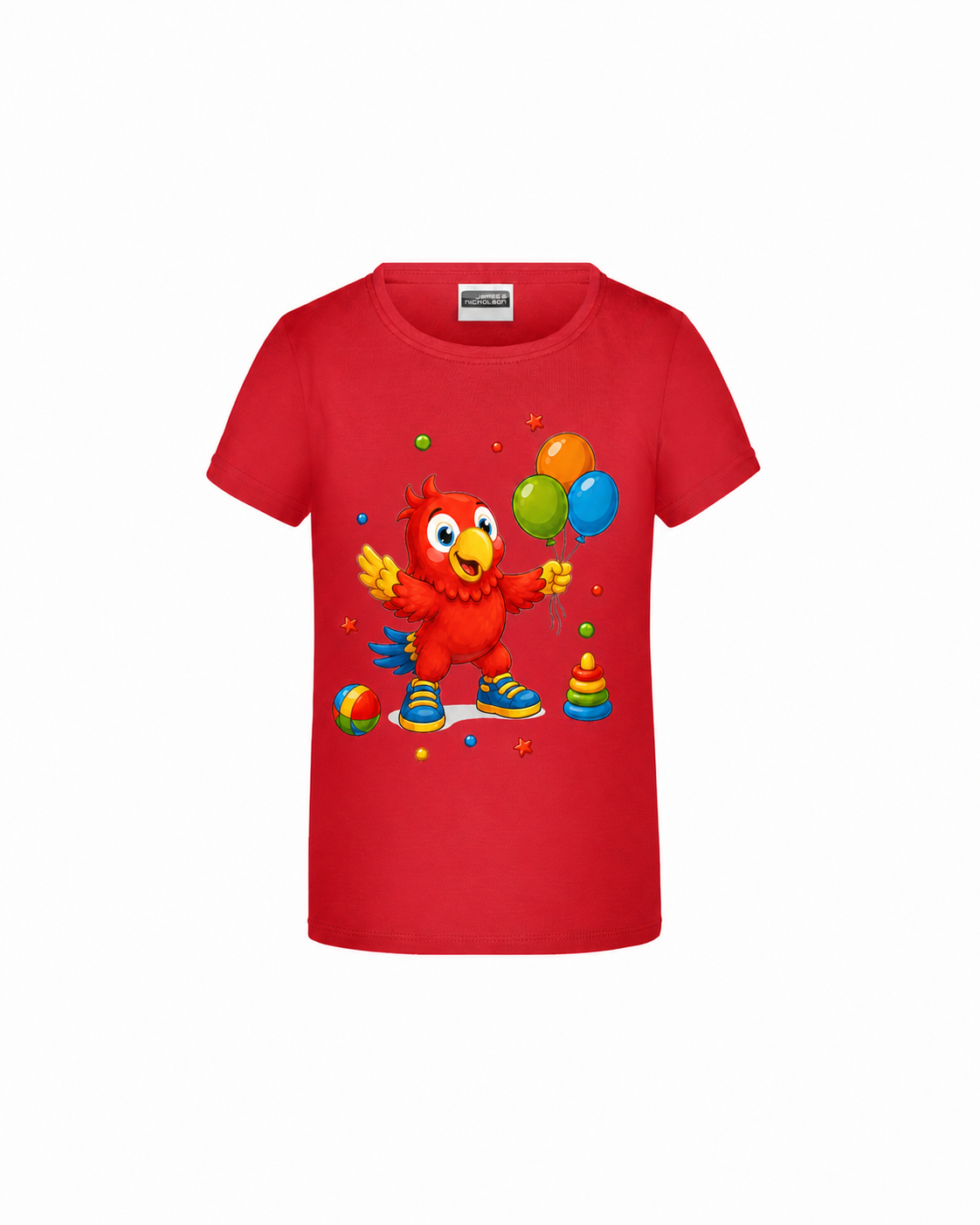 Benni spielt auf rotem Kinder-Shirt – kleiner Brustdruck