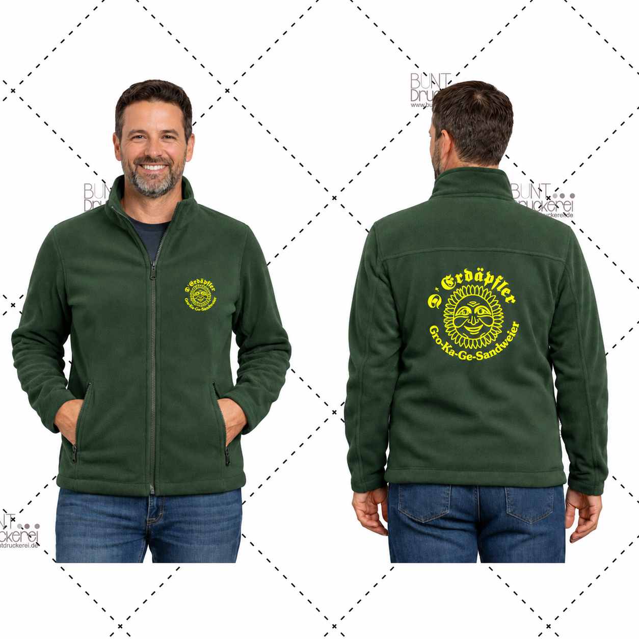 Tannengrüne Erdäpfler-Fleecejacke für Herren mit gelbem Brust- und Rückenlogo