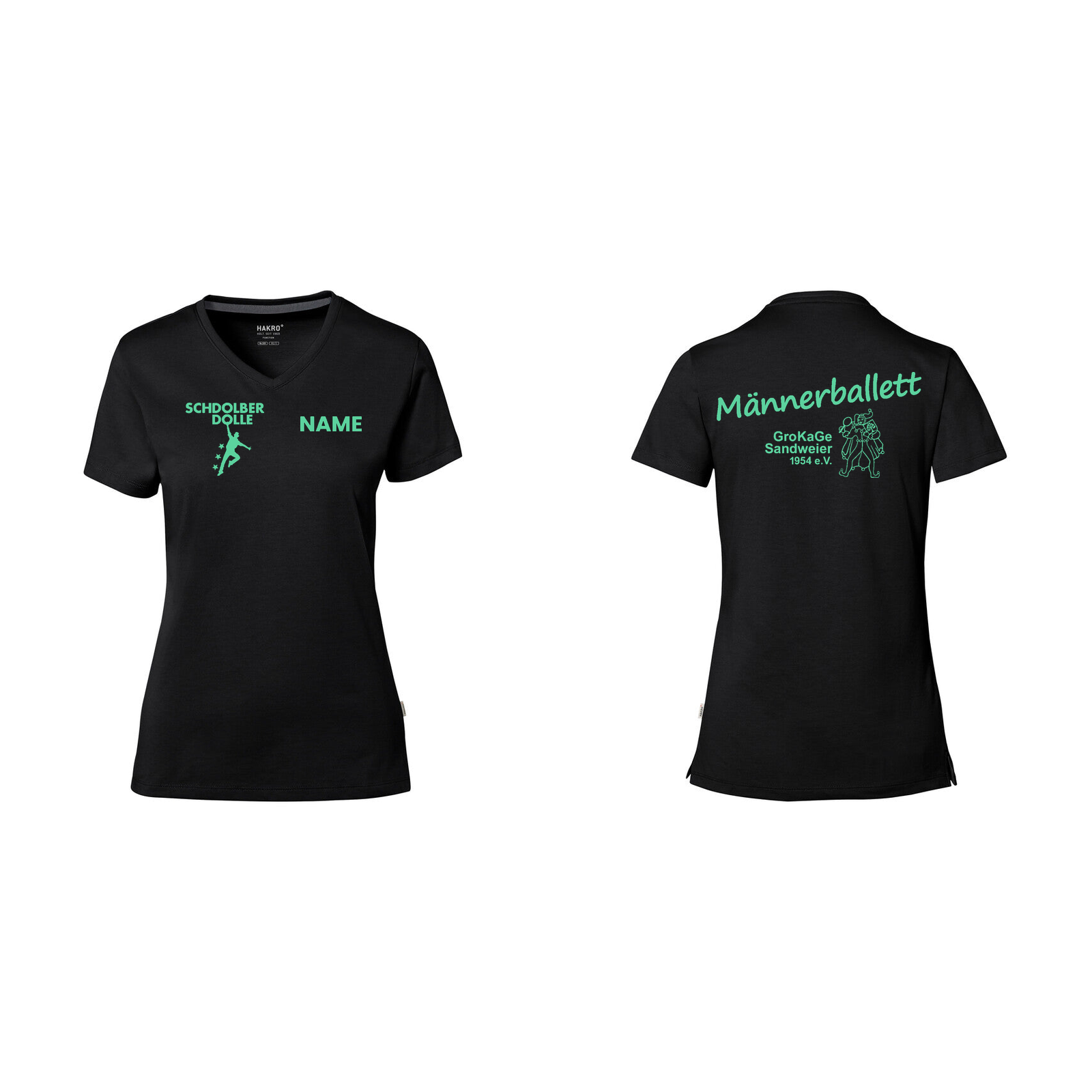 HAKRO 169 Damen V-Shirt Männerballett-Fans schwarz mit Logo links und Name rechts