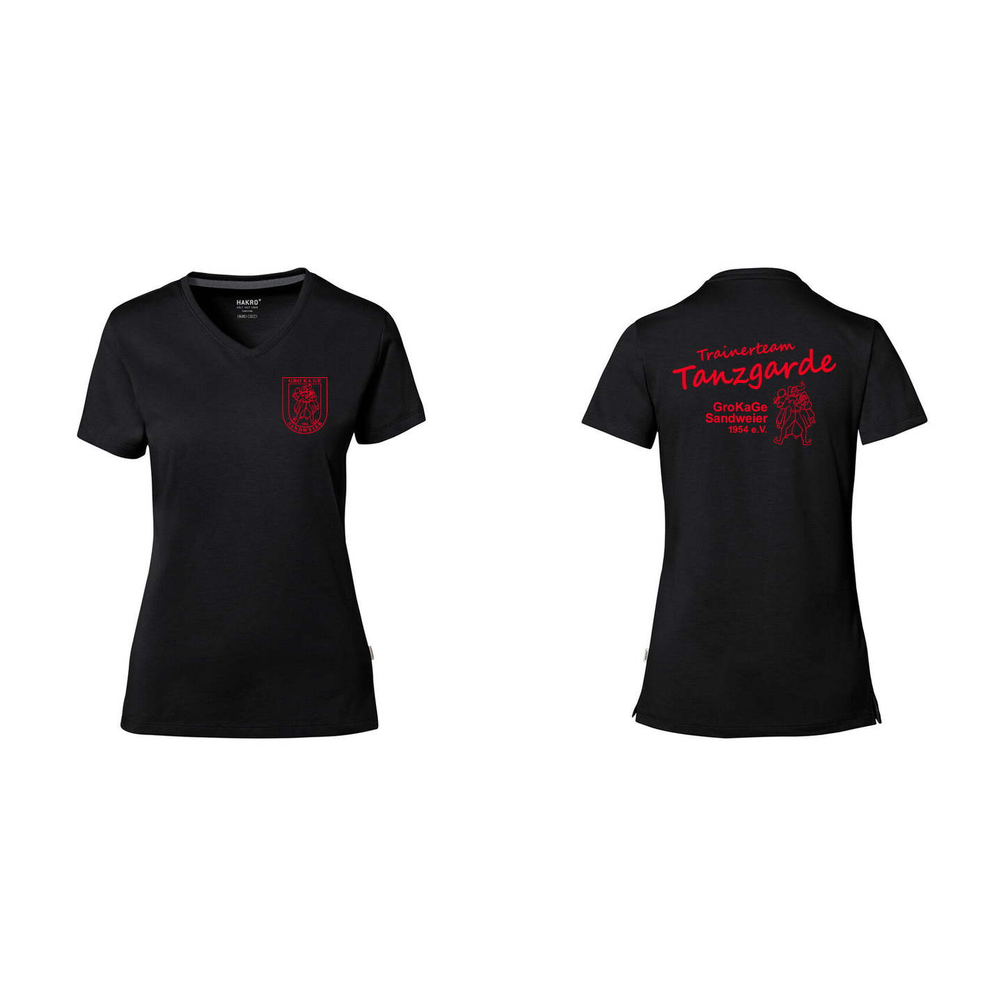 HAKRO 169 Damen V-Shirt Trainerteam schwarz mit rotem Druck