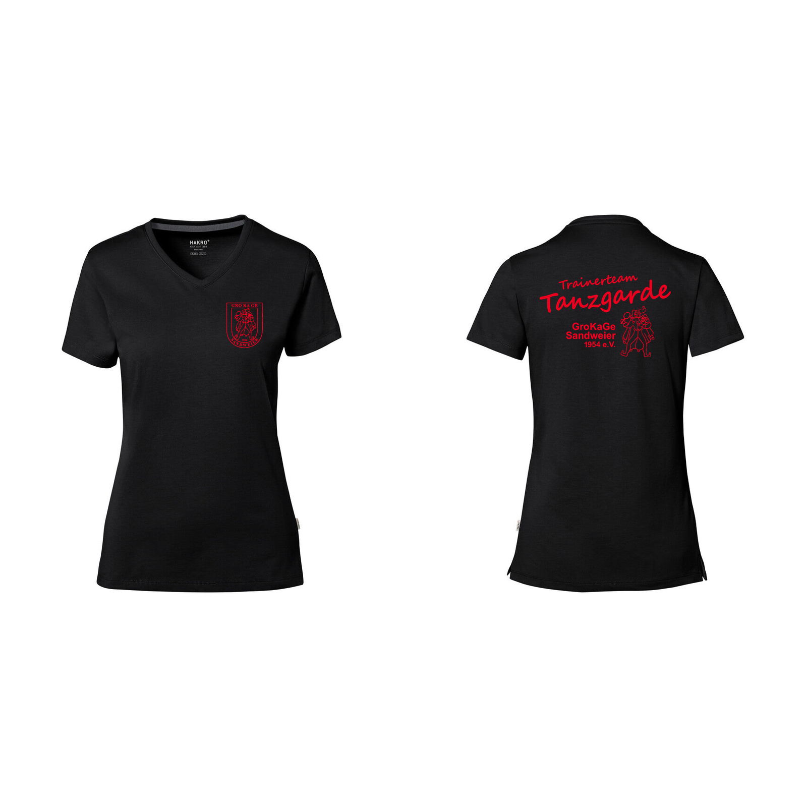 HAKRO 169 Damen V-Shirt Trainerteam schwarz mit rotem Druck