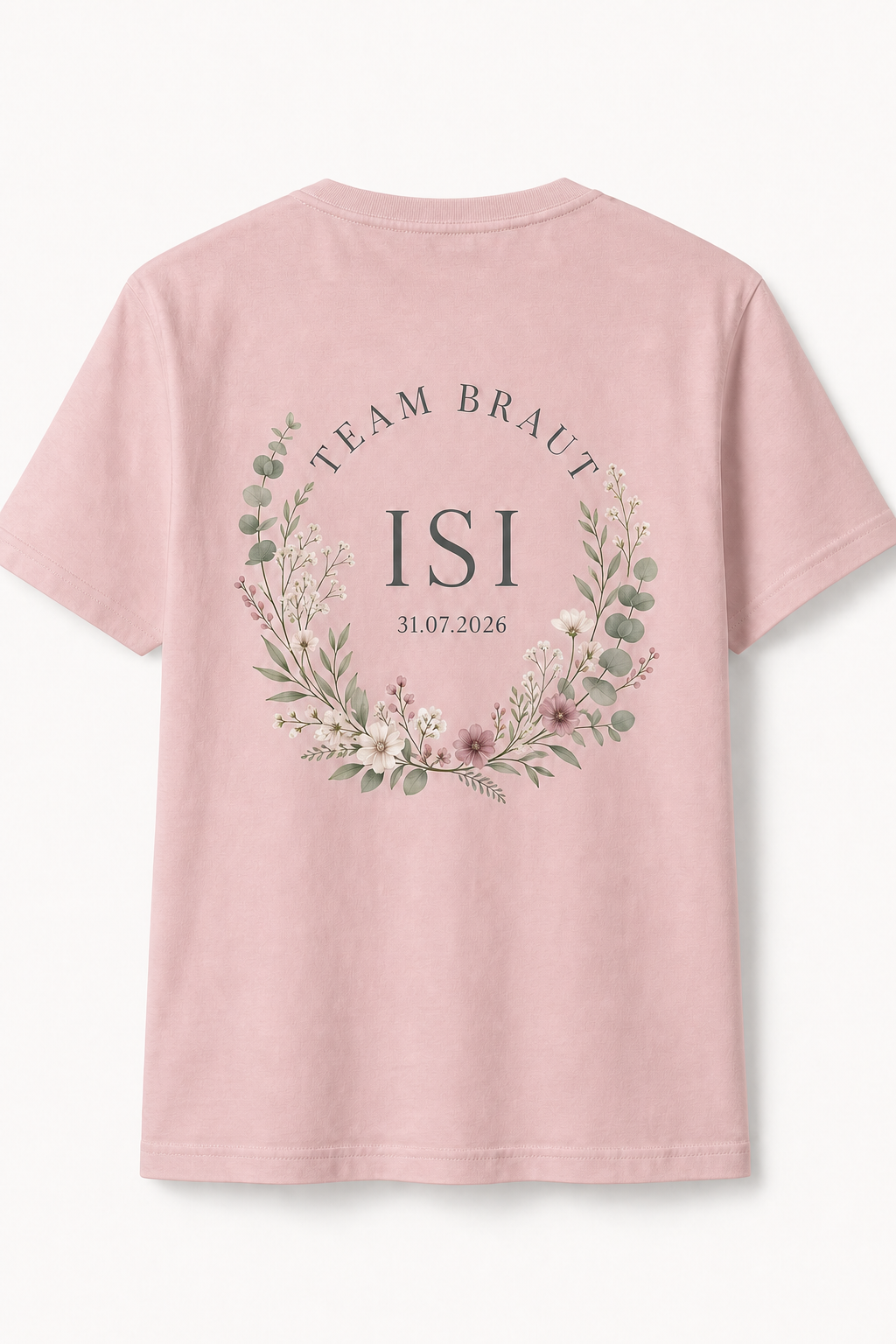 Roséfarbenes Team-Braut-Shirt für Isi mit floralem JGA-Motiv