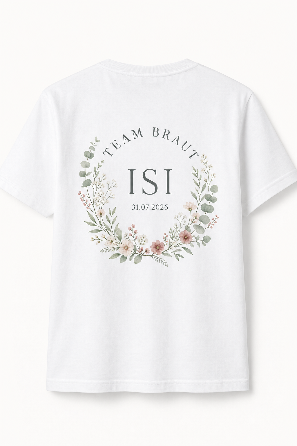 Weißes Team-Braut-Shirt für Isi mit floralem JGA-Motiv