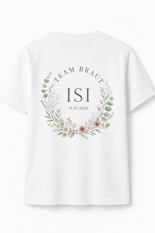 Weißes Team-Braut-Shirt für Isi mit floralem JGA-Motiv