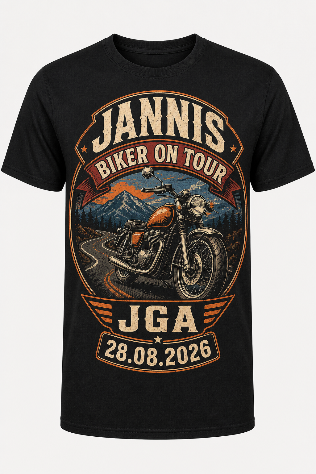 Schwarzes JGA-Shirt für Jannis mit großem Biker-on-Tour-Motiv