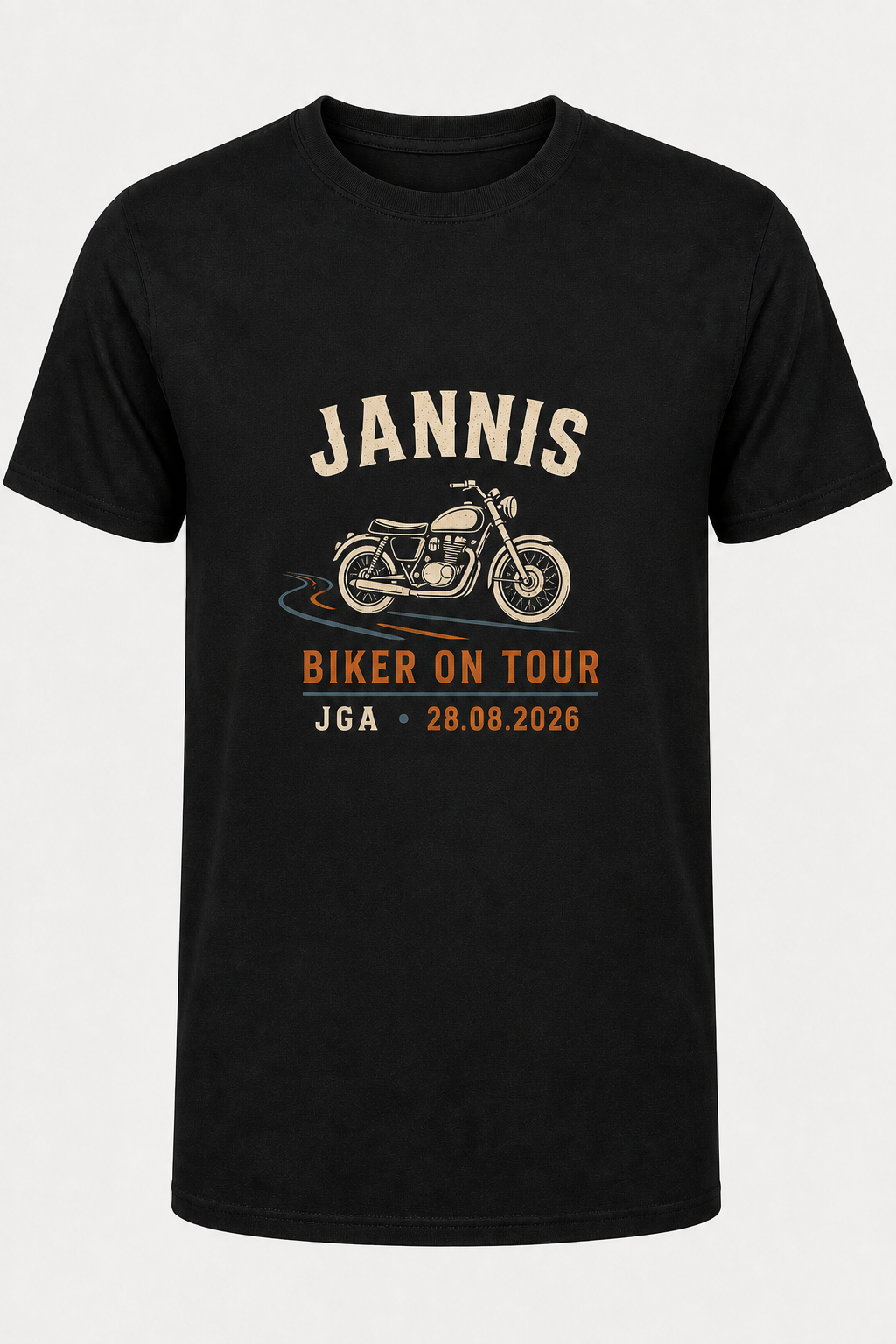 Schwarzes JGA-Shirt für Jannis mit kleinem Biker-on-Tour-Motiv