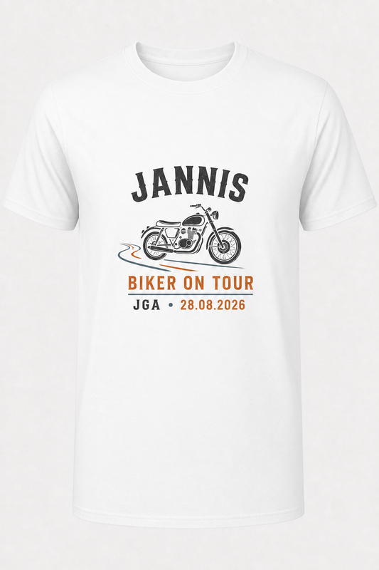 Weißes JGA-Shirt für Jannis mit kleinem Biker-on-Tour-Motiv