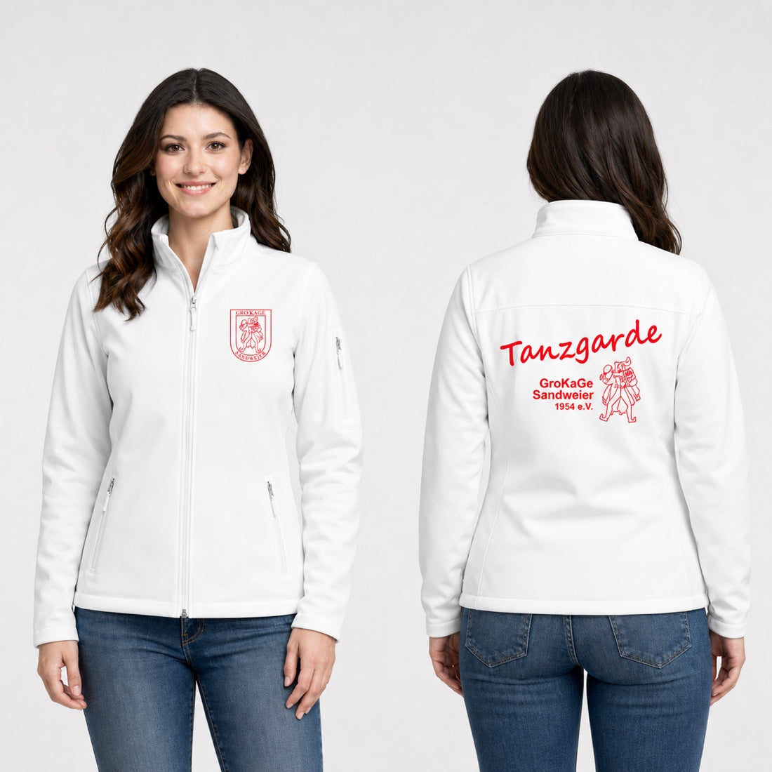 Kariban K400 Damen Softshelljacke weiß mit rotem GroKaGe-Wappen vorne und rotem Tanzgarde-Druck hinten