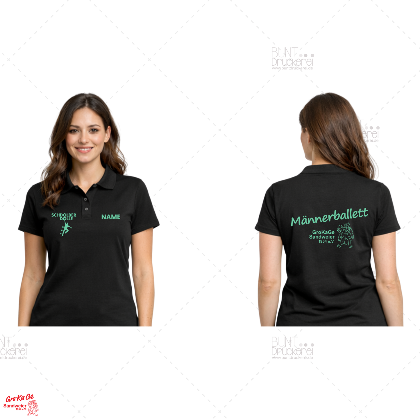 Polo Basic Männerballett Damen mit Brustmotiv, Einzelname und Rückenmotiv in leuchtendem Grün