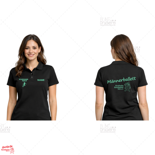 Polo Basic Männerballett Damen mit Brustmotiv, Einzelname und Rückenmotiv in leuchtendem Grün