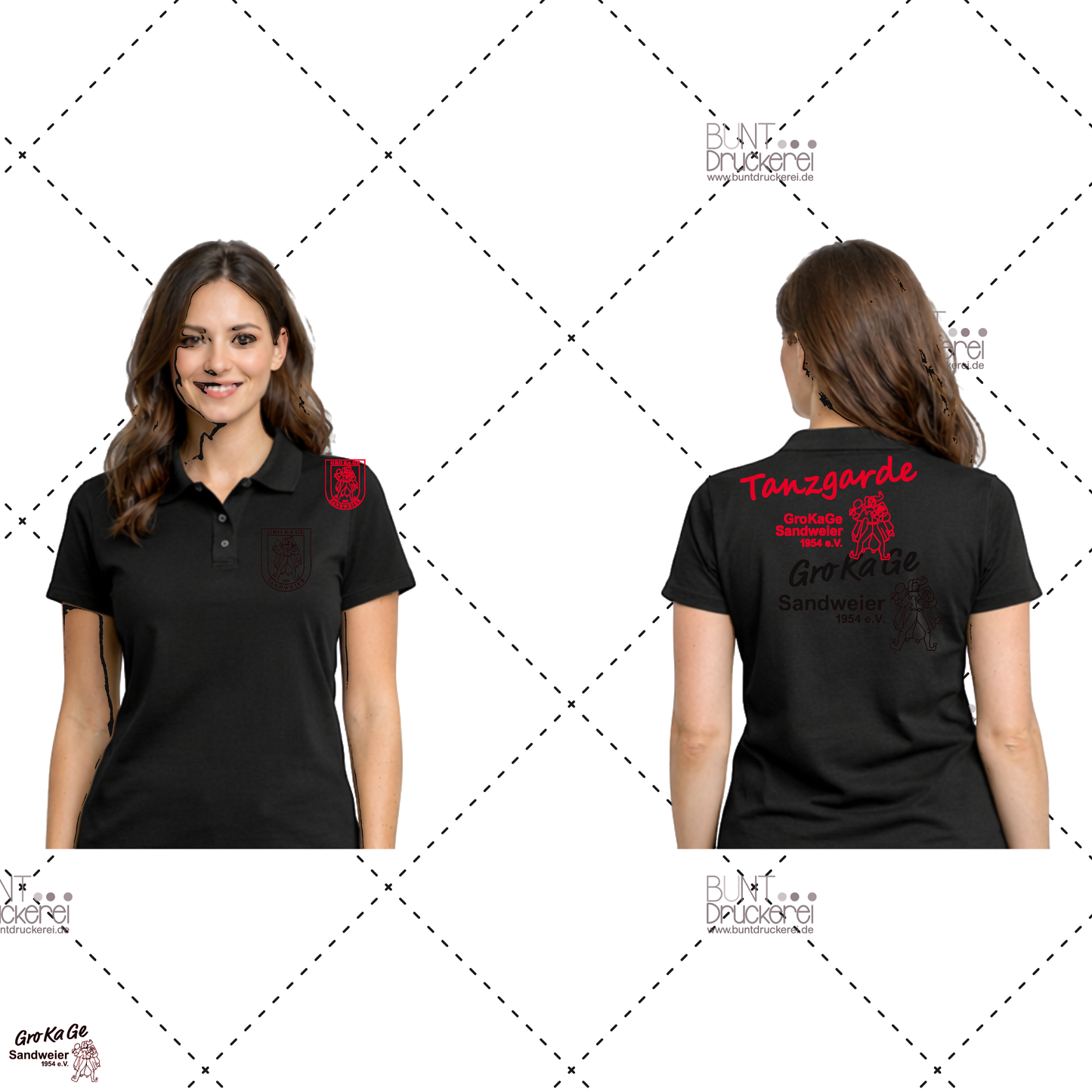 Polo Basic Tanzgarde Damen schwarz mit rotem Brust- und Rückenmotiv