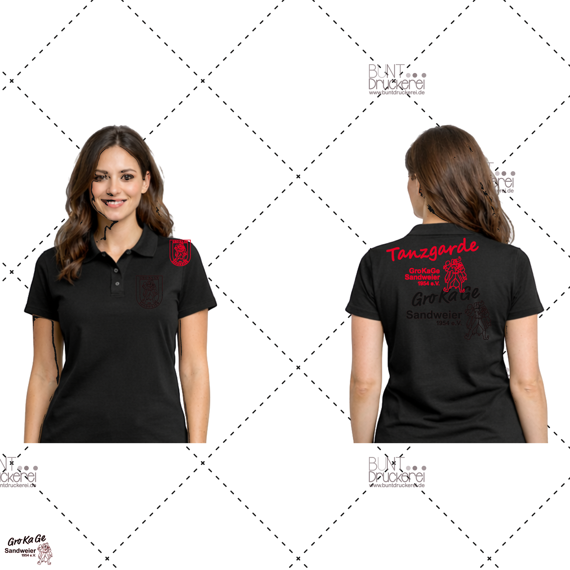 Polo Basic Tanzgarde Damen schwarz mit rotem Brust- und Rückenmotiv