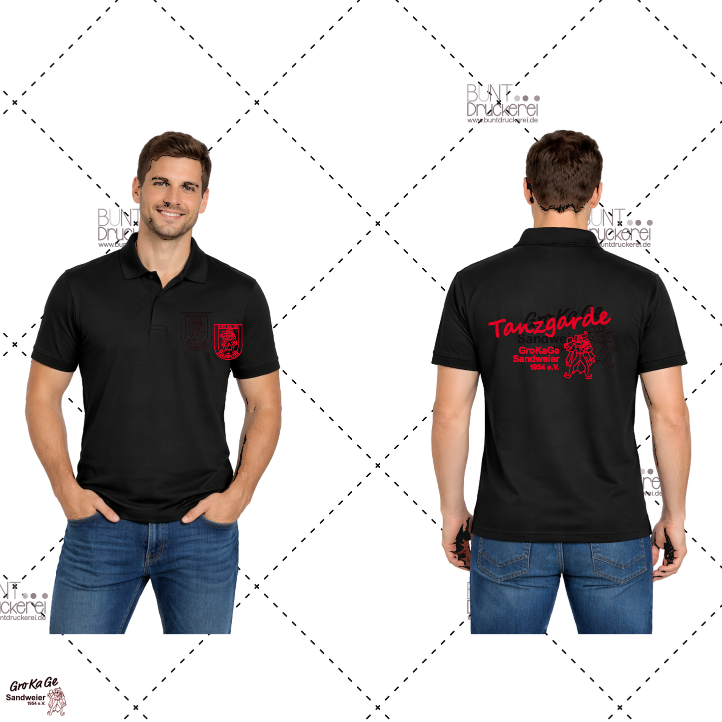 Polo Basic Tanzgarde Herren schwarz mit rotem Brust- und Rückenmotiv