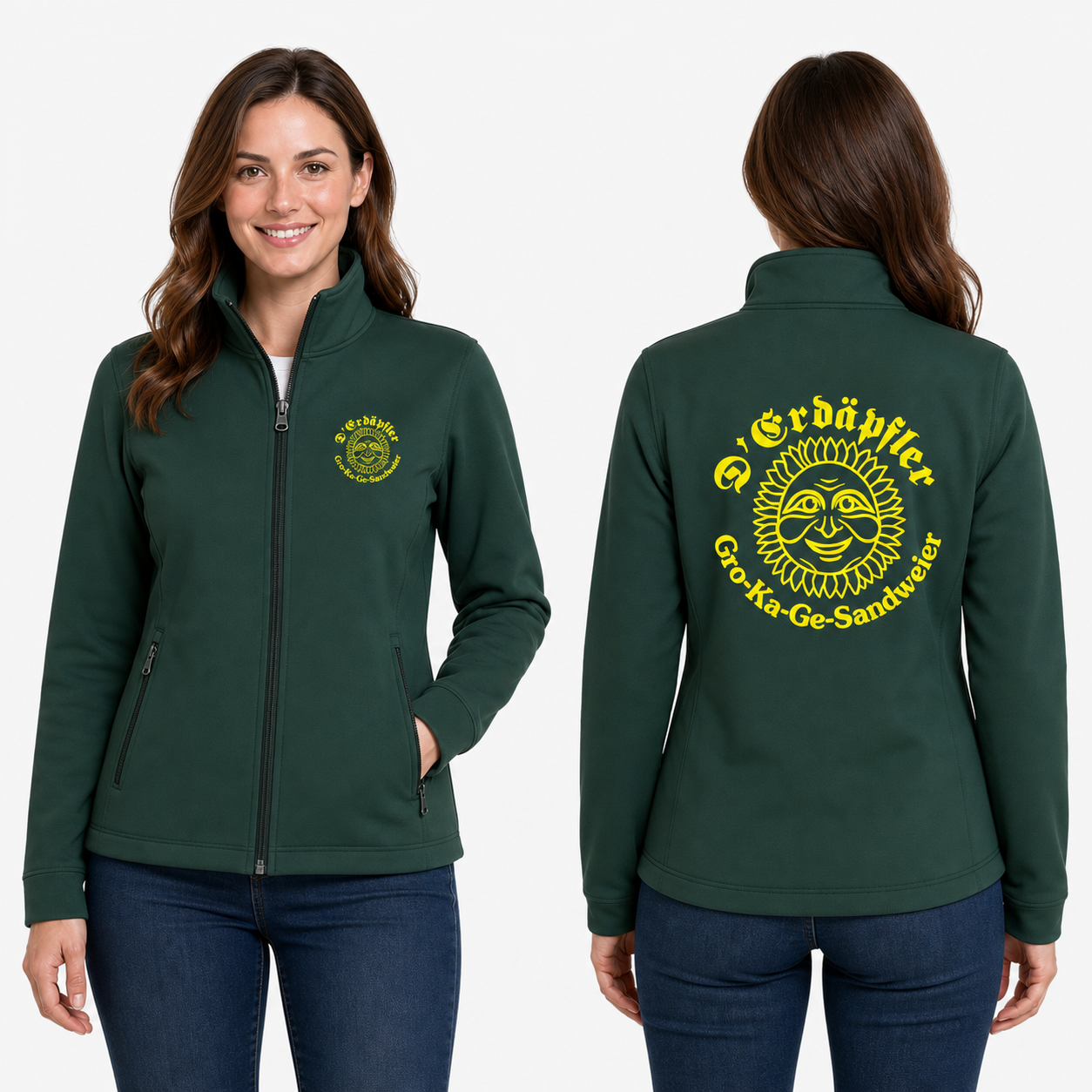 Result R121 Softshelljacke Erdäpfler Damen Bottle tannengrün mit gelbem Brust- und Rückenlogo