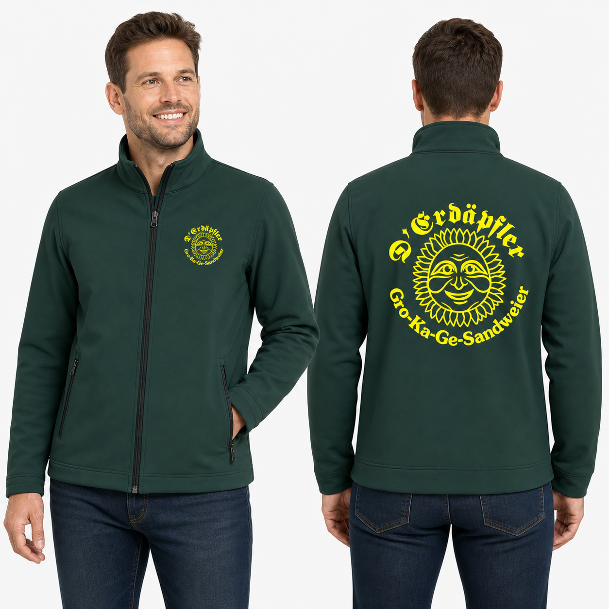 Result R121 Softshelljacke Erdäpfler Herren Bottle tannengrün mit gelbem Brust- und Rückenlogo